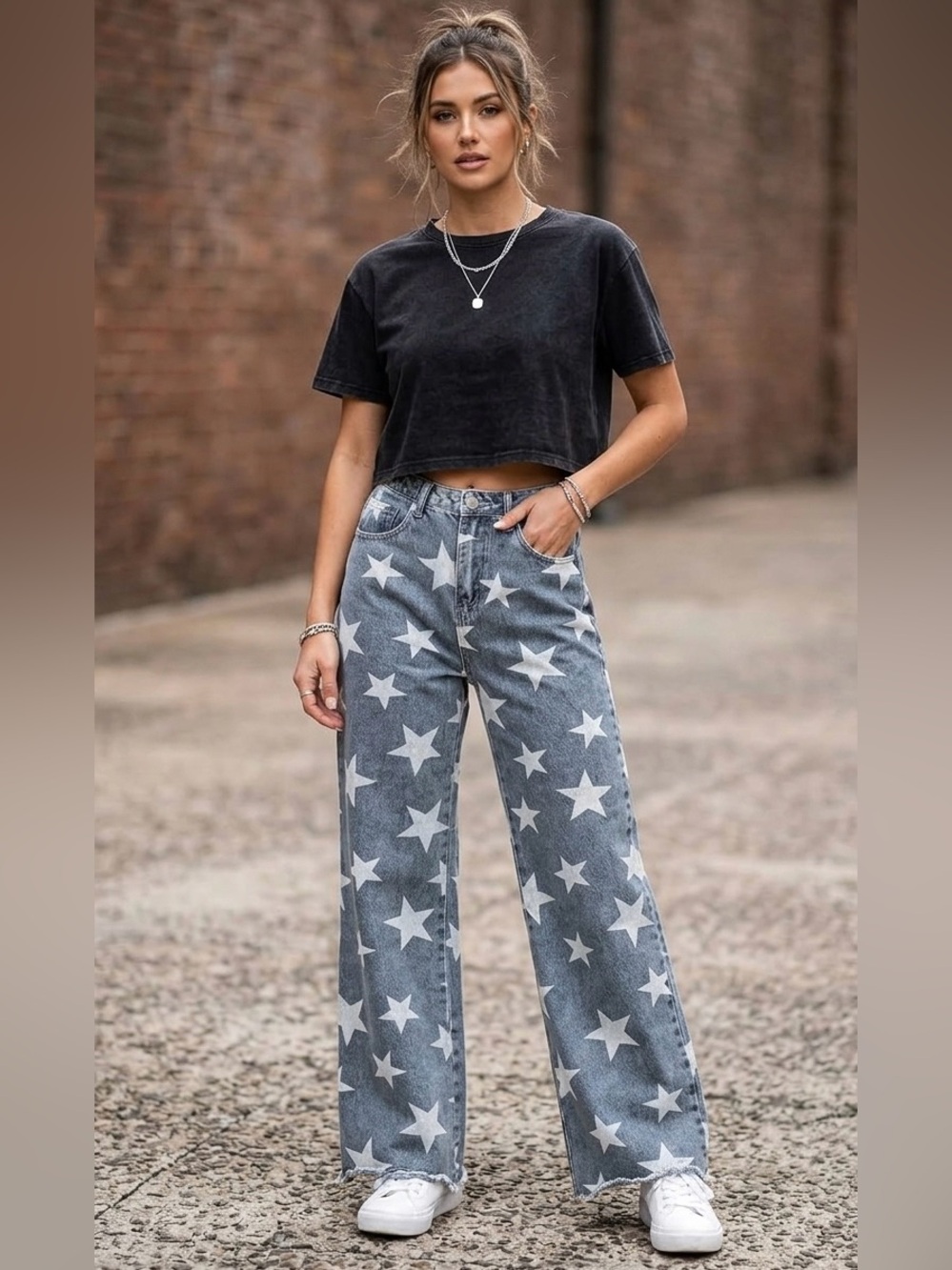 Baevely High Rise Wide Leg Star Jeans